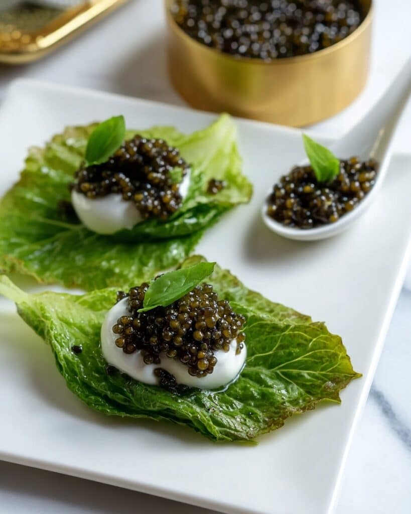 Basil Chips with Caviar and Créme Fraîche Recipe