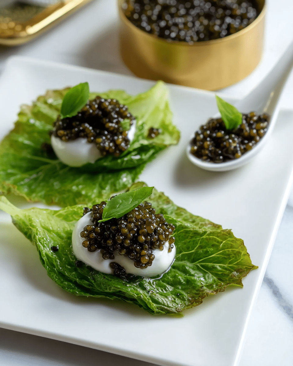 The image shows two green crisp leaves placed on a white square plate, each leaf topped with a small dollop of white creamy sauce. On top of the sauce, there are small dark brownish-black caviar beads piled up, adding a shiny texture. Each pile of caviar is garnished with a fresh small green leaf, adding a touch of color and freshness. A white spoon with a pearly shimmer holds more caviar in the background, partially on the plate. The plate sits on a white marbled surface, next to a round golden container filled with additional dark caviar beads. Photo taken with an iphone --ar 4:5 --v 7