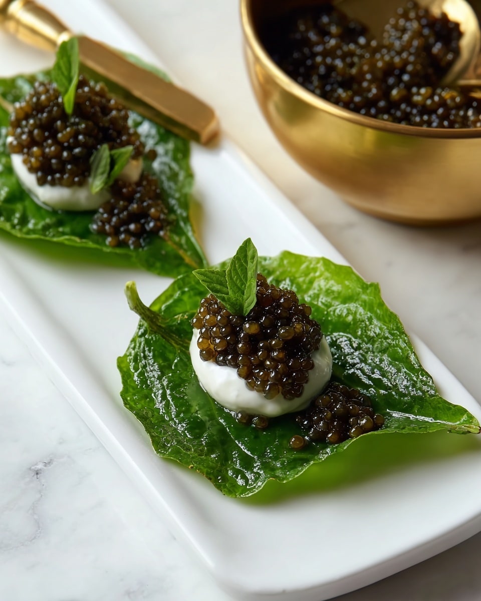 Two appetizers are placed on a white rectangular dish, each made of a large green leaf as the base with a small dollop of white cream in the center. On top of the cream, there is a heap of dark brown caviar, and each is garnished with a small fresh green leaf. To the side, part of a golden bowl filled with more dark brown caviar is visible, along with a mother-of-pearl knife resting on the dish in the background. The setting is on a white marbled surface. photo taken with an iphone --ar 4:5 --v 7
