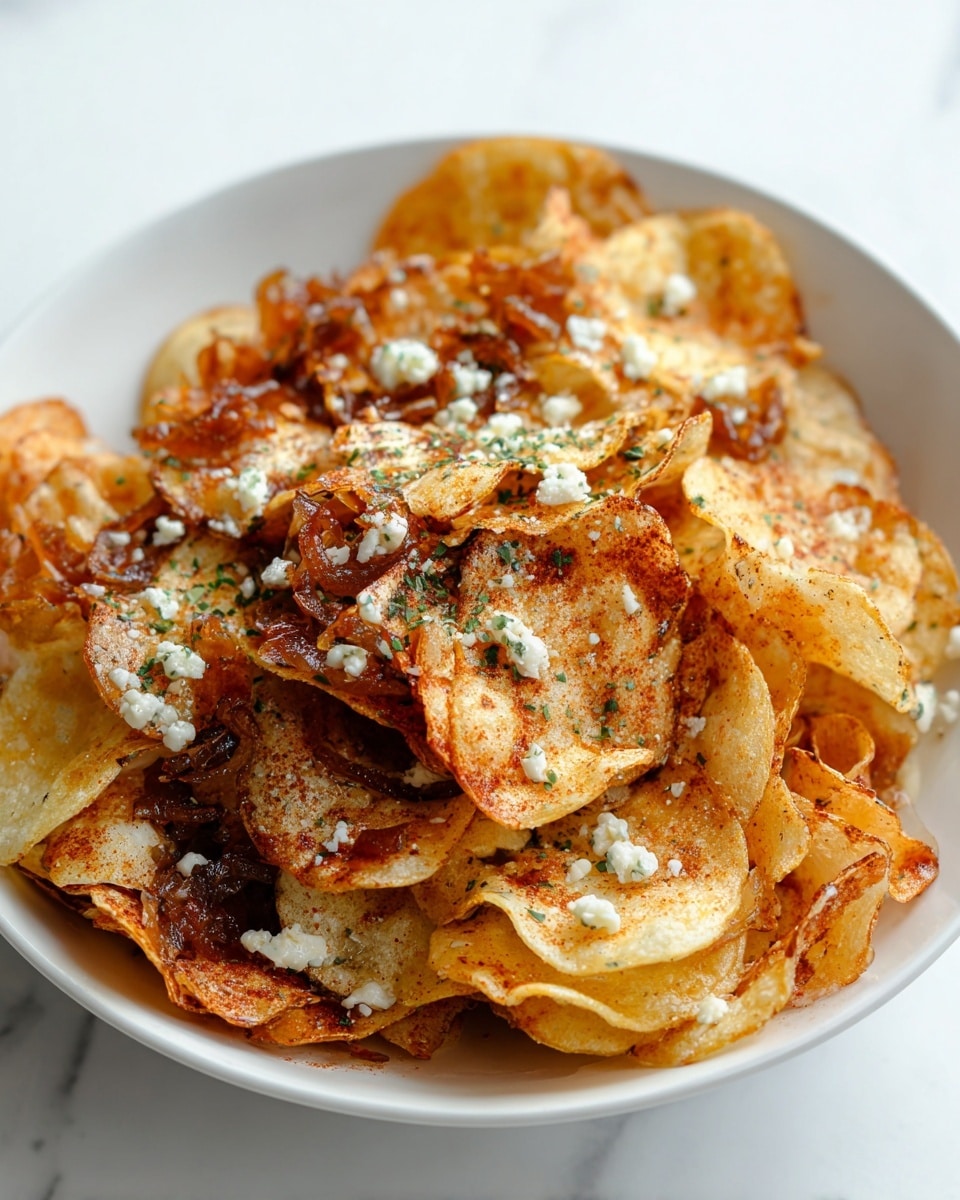 A white bowl filled with crispy potato chips layered thickly, some chips are golden brown and others have a reddish seasoning sprinkled on top. Scattered across the chips are small white crumbles of cheese and tiny green herb flakes. Bits of caramelized onions add a darker brown contrast, giving the dish a mix of textures from crunchy chips to soft toppings. The bowl sits on a white marbled surface with a clean, bright look. photo taken with an iphone --ar 4:5 --v 7