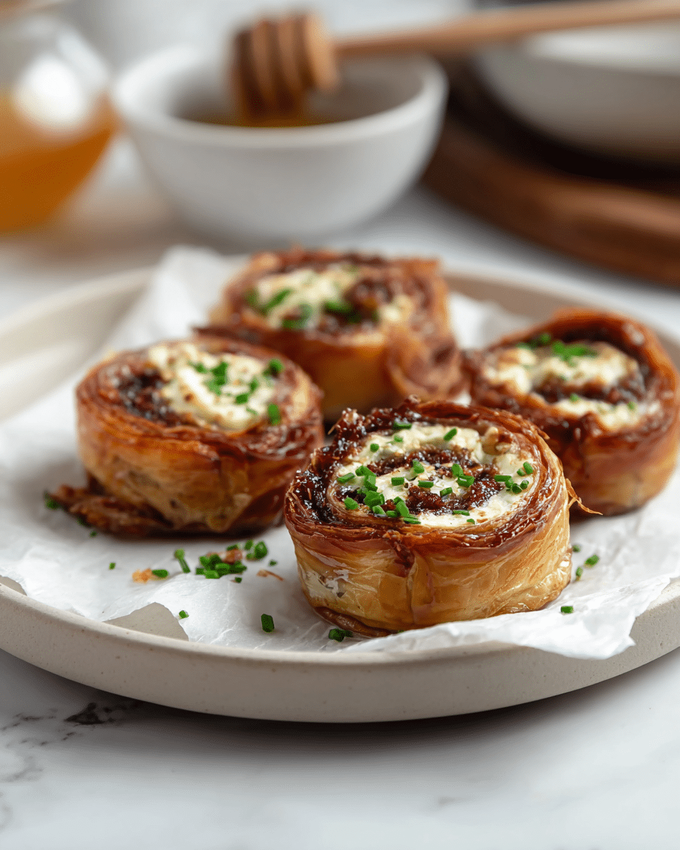 The image shows five small round pastries arranged on a white plate lined with white parchment paper, placed on a white marbled surface. Each pastry has a crispy, golden-brown outer layer resembling thin, flaky dough. Inside, there are visible layers filled with a dark, sticky filling and a creamy white center topped with small green herbs, likely chopped chives. The pastries have a slightly uneven texture on the sides, showing some caramelized or baked edges. In the background, blurred bowls and a honey dipper are visible, emphasizing the focus on the pastries. Photo taken with an iphone --ar 4:5 --v 7