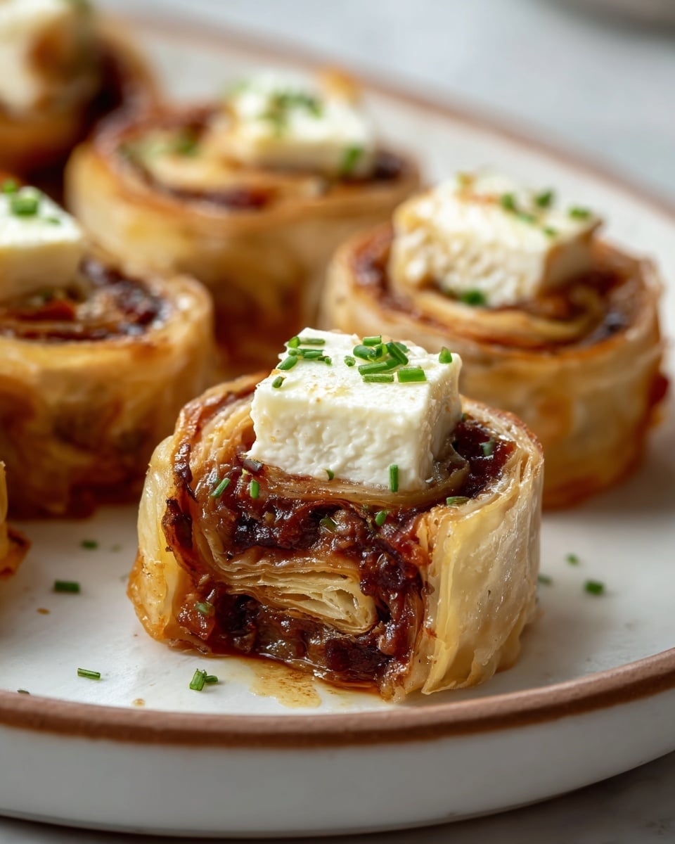 The image shows small, round pinwheel appetizers arranged on a white plate with a brown rim, placed on a white marbled surface. Each pinwheel has three visible layers: the outer layer is a thin, golden-brown, flaky pastry wrapping, the middle layer is a dark reddish-brown filling with a sticky texture, and the center holds a thick, creamy white cheese cube topped with tiny green herbs, likely chives. The cheese has a smooth, dense texture, and the pinwheels are cut thick to reveal the layers clearly. The focus is sharp on the front piece, displaying the contrast between crispy pastry, rich filling, and soft cheese, with slight oil or glaze on the plate. Photo taken with an iphone --ar 4:5 --v 7