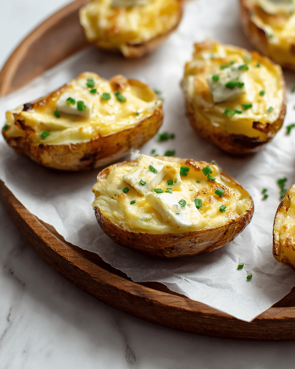 The image shows several golden-brown potato skins placed on white parchment paper atop a wooden round board. Each potato skin is filled with a creamy, melted cheese sauce that is pale yellow with a smooth texture. On top of this sauce, there are small pieces of soft white cheese and finely chopped green chives scattered, adding color contrast. The potato skins have a crisp, roasted texture with some slight browning around the edges. The surface beneath the board is a white marbled texture. photo taken with an iphone --ar 4:5 --v 7