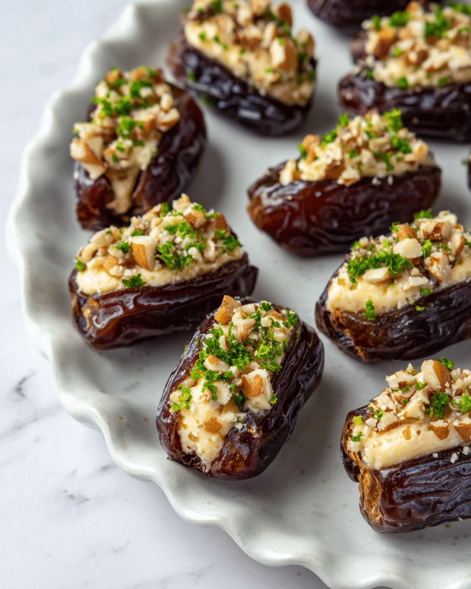 A close-up of several dark brown dates with wrinkled texture, each sliced in the middle and filled with a creamy, pale yellow layer of cheese or spread, topped with small chopped nuts in light beige and green chopped herbs scattered on top. These stuffed dates are arranged on a white plate with a scalloped edge and soft ridges. The plate sits on a white marbled surface, which adds subtle texture to the background. Photo taken with an iphone --ar 4:5 --v 7