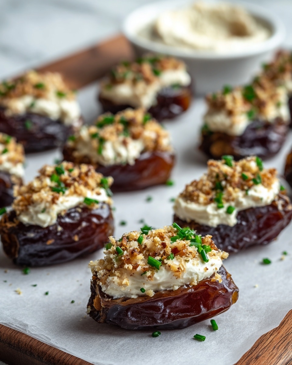 The image shows multiple dark brown dates arranged on white parchment paper over a wooden surface with a white marbled texture background. Each date is sliced open and filled with a smooth, creamy white cheese or spread, topped with crushed light tan nuts and finely chopped bright green herbs, likely chives. The dates have a glossy, wrinkled texture, and the mixture on top contrasts with its soft, creamy look and small bits of crunchy nuts and fresh herbs. In the background, a white bowl with more spread is partially visible. photo taken with an iphone --ar 4:5 --v 7