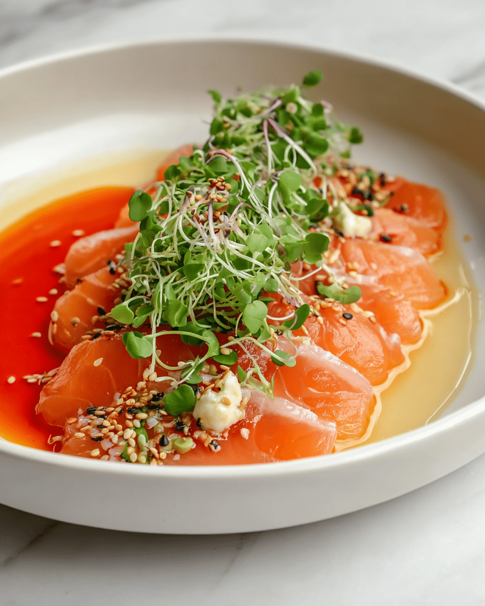 A white bowl contains thin slices of raw fish, arranged in two layers with light pink fish on the bottom and orange salmon on top, both showing smooth and slightly shiny textures. A bright orange-red sauce is drizzled mostly along the left side under the fish, creating a striking contrast. On top of the fish slices, in the center, is a fresh green pile of microgreens mixed with tiny white crunchy balls and sprinkled with sesame seeds, adding texture and color. The dish sits on a white marbled surface. photo taken with an iphone --ar 4:5 --v 7