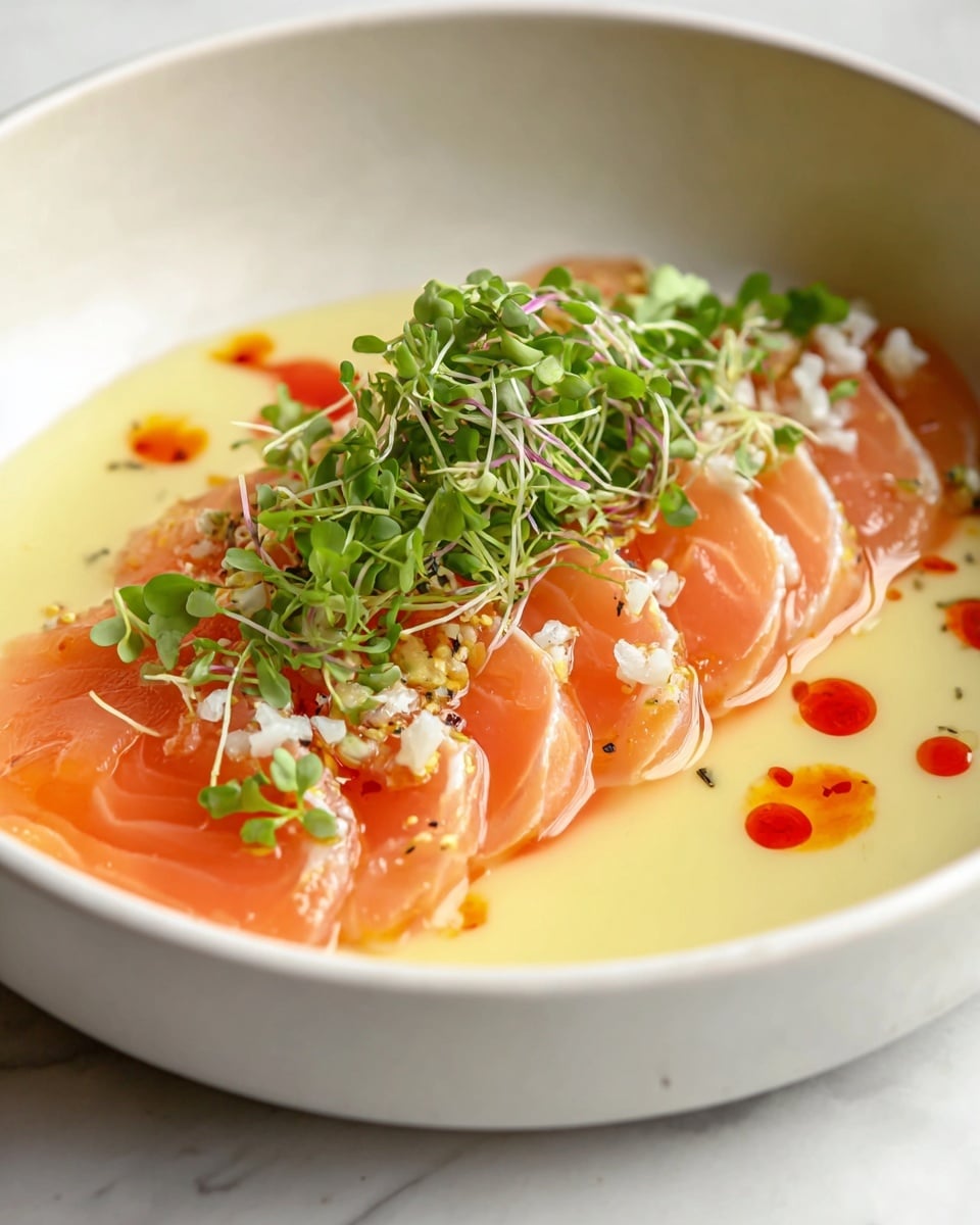 This dish shows thin slices of raw salmon with bright orange and light pink colors layered in a slight curve, topped in the middle with a cluster of fresh green microgreens and small white puffed grains scattered on top. The fish is lightly soaked in a pale yellow sauce that fills the white bowl's bottom, with splashes of bright red oil around the edges, adding contrast. The white marbled surface beneath the bowl adds a clean and elegant touch to the presentation. photo taken with an iphone --ar 4:5 --v 7