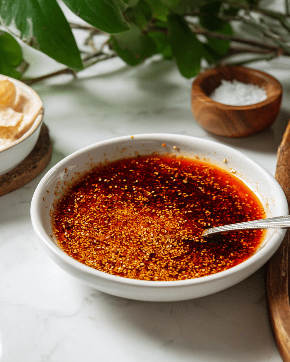 A shallow white bowl filled with a single layer of bright reddish-brown chili oil sauce, covered evenly with many small yellow sesame seeds floating on the surface. A silver spoon rests partially inside the bowl on the right side. The bowl sits on a white marbled surface, and in the background, there are green leafy plants to the left, light-colored crispy chips in a white bowl, and a small round wooden container holding coarse salt. The whole scene is lit softly and focused on the chili oil bowl. photo taken with an iphone --ar 4:5 --v 7
