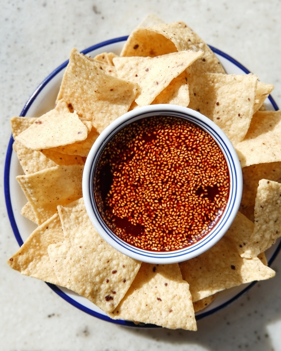 The image shows a close-up of a white plate filled with roughly triangular, light beige tortilla chips that have a slightly rough texture with small dark specks. At the center of the plate sits a small round white bowl with a blue rim, filled with a glossy deep red sauce topped with a thick layer of evenly spread golden sesame seeds. The chips surround the bowl, creating a full circular border. The setting is on a white marbled surface. photo taken with an iphone --ar 4:5 --v 7