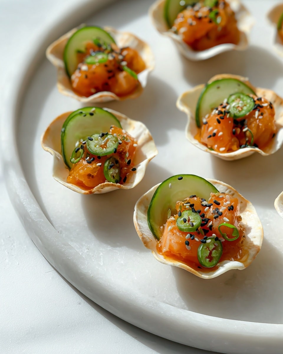 Small white crispy shells shaped like cups hold a colorful mix of orange fish pieces coated in a glossy sauce. Inside each shell, thin, bright green cucumber slices curve gently along the edge. On top of the fish, thin slices of green chili and a sprinkle of black and white sesame seeds add texture and contrast. The cups sit spaced apart on a smooth white marbled round plate. The light shining on the dish highlights the fresh and shiny textures of the ingredients. photo taken with an iphone --ar 4:5 --v 7