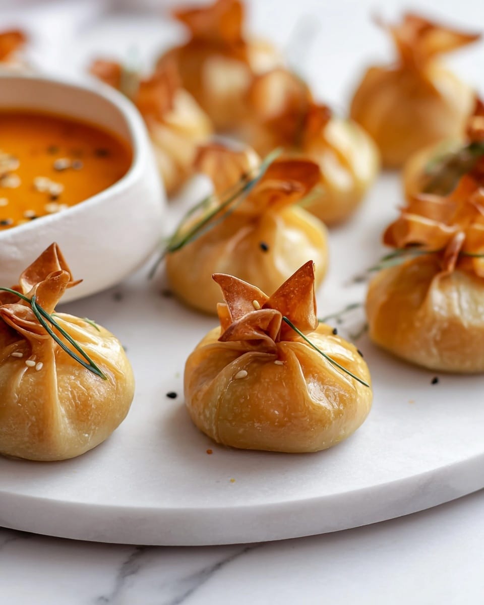 The image shows small golden dumplings shaped like little bags, each tied at the top with a green chive strip. The dumpling bases are smooth and pale yellow, while the top edges are crispy, browned, and unevenly folded, giving a flower-like appearance. These dumplings are arranged on a white plate set on a white marbled surface, with a white bowl of reddish-orange dipping sauce sprinkled with sesame seeds partially visible on the right side. The warm lighting highlights the glossy texture of the dumplings and the vibrant color contrast between the dumplings and the sauce. Photo taken with an iphone --ar 4:5 --v 7