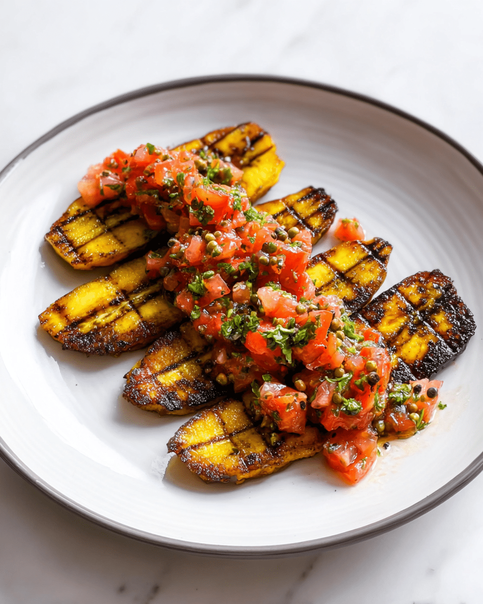 The dish features four grilled plantain slices arranged on a white plate with a thin gray rim, resting on a white marbled surface. Each plantain slice is golden yellow with a dark brown charred grid pattern on top, showing a slightly crispy texture. On top of the plantains, there is a fresh, chunky salsa made of vibrant red tomato pieces mixed with chopped green herbs and small black peppercorns, adding bright and contrasting colors. The salsa is spread unevenly along the center of the plantain slices, making the dish look fresh and textured. photo taken with an iphone --ar 4:5 --v 7