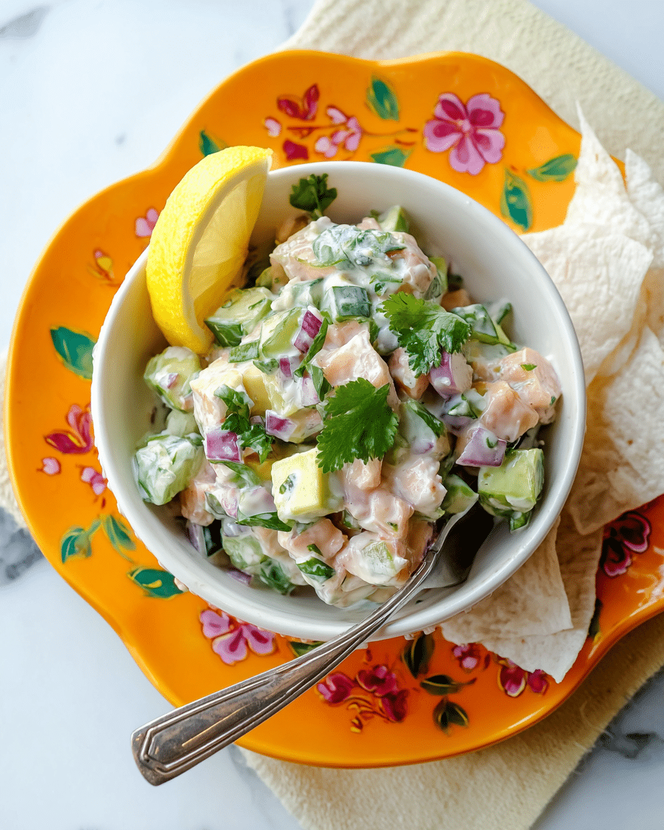 A white bowl holds a creamy mixed salad with three main layers of colorful ingredients: soft pink chunks of fish or seafood, green diced cucumber or avocado, and small bits of purple onion, all combined with a white creamy sauce and topped with fresh green cilantro leaves. A yellow slice of lemon rests on the side inside the bowl. A silver spoon is placed inside the bowl on the right. The bowl sits on a bright orange plate with floral patterns, all placed on a white marbled surface that partly shows white crispy chips or crackers around the bowl. photo taken with an iphone --ar 4:5 --v 7