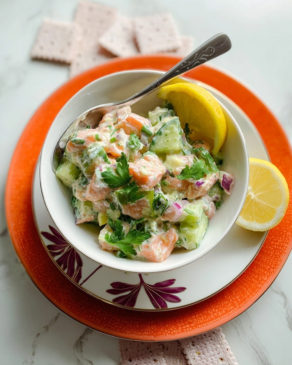 A white bowl holds a mixed salmon salad with small cubes of pink salmon, light green cucumber, and bits of red onion, all coated in a creamy dressing. Fresh cilantro leaves are sprinkled on top, adding bright green color. A wedge of lemon with yellow skin rests inside the bowl on the right side. A silver spoon leans inside the bowl, its handle resting near the top edge. The bowl sits on a white plate with a bright orange rim decorated with dark red leaves and small flowers. Underneath the plate is a background of white marbled texture with some light pink shrimp crackers visible behind the bowl. Another lemon wedge rests on the plate’s edge near the bottom. photo taken with an iphone --ar 4:5 --v 7