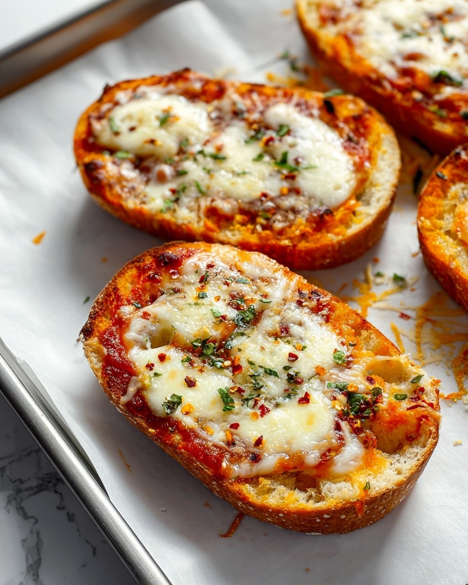 The image shows three small, oval-shaped pizza breads on a baking tray lined with white parchment paper. Each pizza bread has a thick, golden-brown crust as the base layer, topped with a vibrant orange-red sauce layer that is rich and slightly bubbly. Over the sauce is a generous layer of melted white cheese, scattered unevenly with some parts appearing gooey and others slightly browned. The top is sprinkled with green herbs and red chili flakes, adding spots of green and red color. The tray rests on a white marbled surface, and the close-up shot captures the texture of the crust, melted cheese, and herbs very clearly. photo taken with an iphone --ar 4:5 --v 7