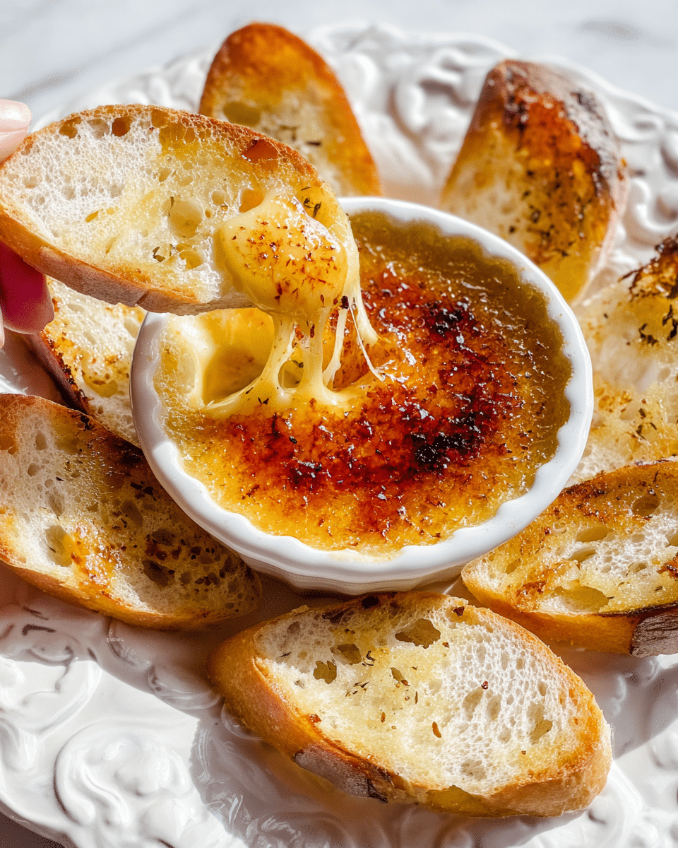 A white plate with an embossed floral design holds a small white round ramekin filled with golden brown crème brûlée topped with a caramelized, slightly burnt sugar crust that sparkles in the light. The ramekin is surrounded by five irregularly shaped, toasted bread slices with a light golden color and airy texture, each showing crispy browned edges with some darker spots and a sprinkling of seasoning. A woman's hand is seen dipping a bread slice into the creamy custard, lifting a small portion with stringy melted cheese-like texture stretching upward. The background is a white marbled surface. photo taken with an iphone --ar 4:5 --v 7