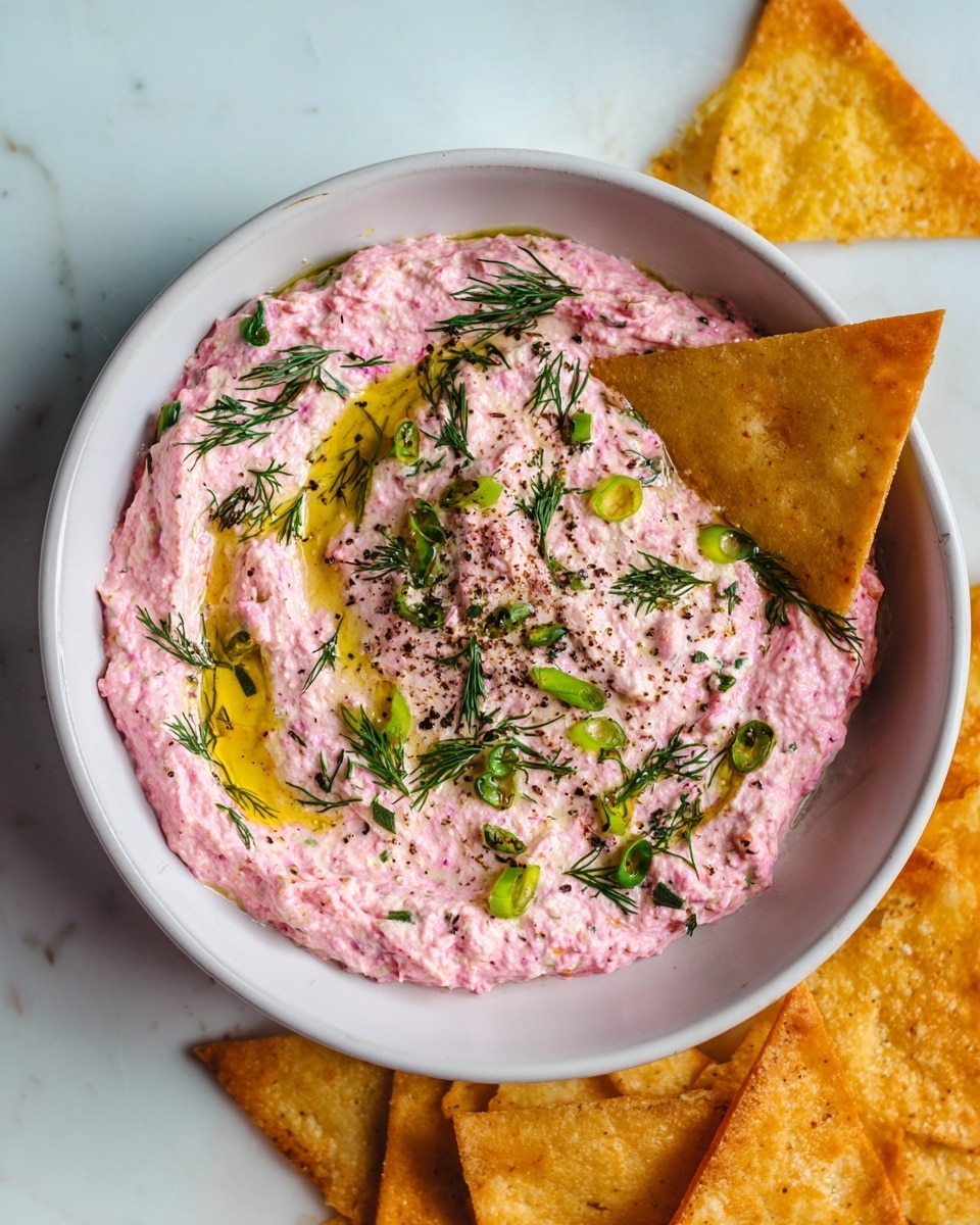 A white bowl filled with a creamy, pink dip that has a thick, slightly chunky texture. The dip is topped with a drizzle of golden olive oil, finely chopped green herbs, small green chili slices, and a sprinkle of black pepper, with sprigs of fresh dill adding a touch of brightness. A triangular beige chip is dipped into the left side of the bowl, with several more chips scattered around the bowl on a white marbled surface. photo taken with an iphone --ar 4:5 --v 7