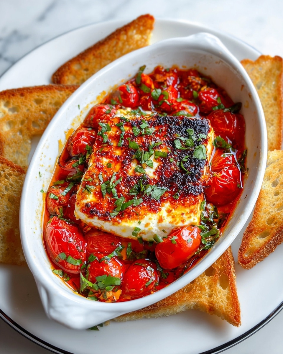 A white oval dish holds a baked block of cheese with a golden brown, slightly charred top crust. Around the cheese, there are bright red roasted cherry tomatoes in a rich, oily red sauce with some visible seeds. Fresh green chopped herbs are scattered over the cheese and tomatoes. The dish sits on a white plate with a thin black rim, which also has four toasted triangular bread slices arranged around the oval dish. The background is a white marbled texture. Photo taken with an iphone --ar 4:5 --v 7