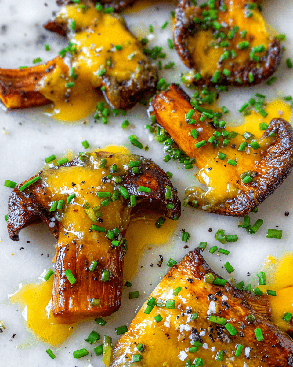 The image shows several pieces of cooked orange mushrooms with a shiny, caramelized surface and a slightly wrinkled texture layered with glossy melted yellow cheese on top. Bright green chopped chives are spread evenly over the mushrooms, adding fresh color. Small flakes of coarse salt and cracked black pepper are scattered on the cheese and mushrooms. The food is placed directly on a white marbled surface with some melted cheese dripping around the pieces. The photo taken with an iphone --ar 4:5 --v 7