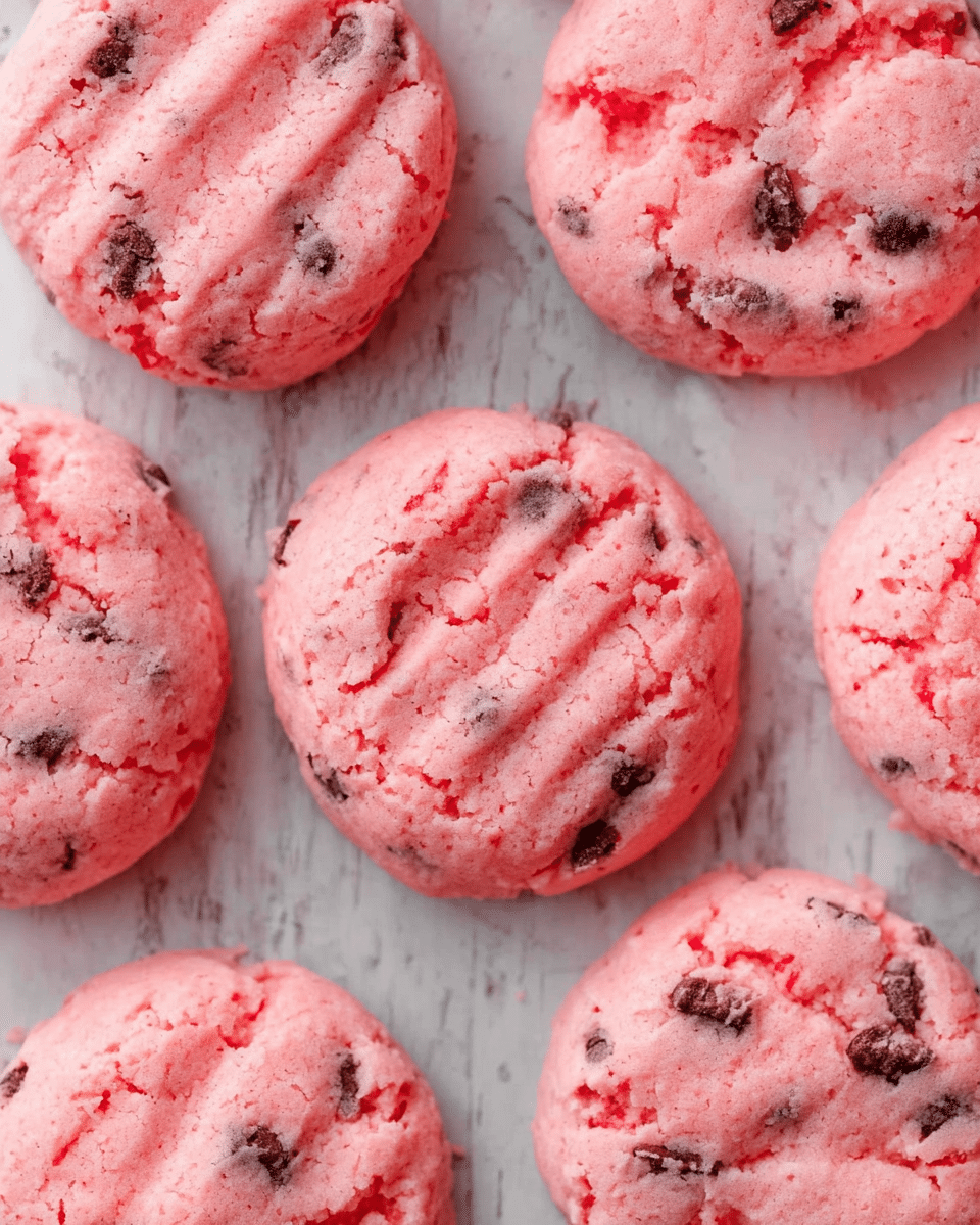 The image shows several pink cookies with small dark brown spots and red bits mixed throughout the dough, giving them a textured look. Each cookie is round and slightly thick with a soft, slightly crinkled surface, and some have faint fork marks on top. The cookies are placed directly on a white marbled surface, spaced evenly apart, showing their soft, chunky texture clearly. photo taken with an iphone --ar 4:5 --v 7
