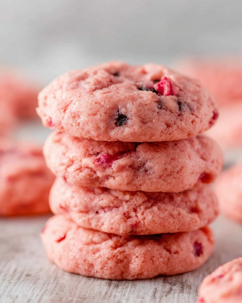 A close-up of a stack of four soft, pink cookies with a slightly rough texture visible on each cookie's surface, layered evenly on top of each other. Bits of red and dark berry pieces are scattered throughout the cookies, giving a uneven color mix within the pink dough. The stack is set on a white marbled surface, with additional blurred cookies in the background. The lighting is bright, highlighting the softness and moist appearance of the cookies. photo taken with an iphone --ar 4:5 --v 7