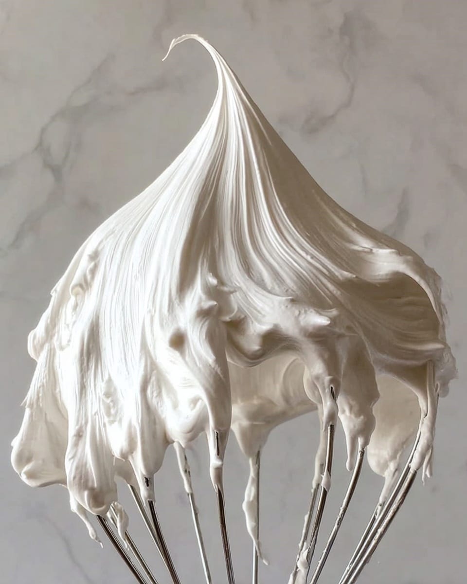 A close-up of a metal whisk covered with thick, glossy white whipped cream forming a tall peak with smooth, soft textures and swirling patterns on its surface, with some cream clinging unevenly on the wires. The background is a white marbled texture. photo taken with an iphone --ar 4:5 --v 7