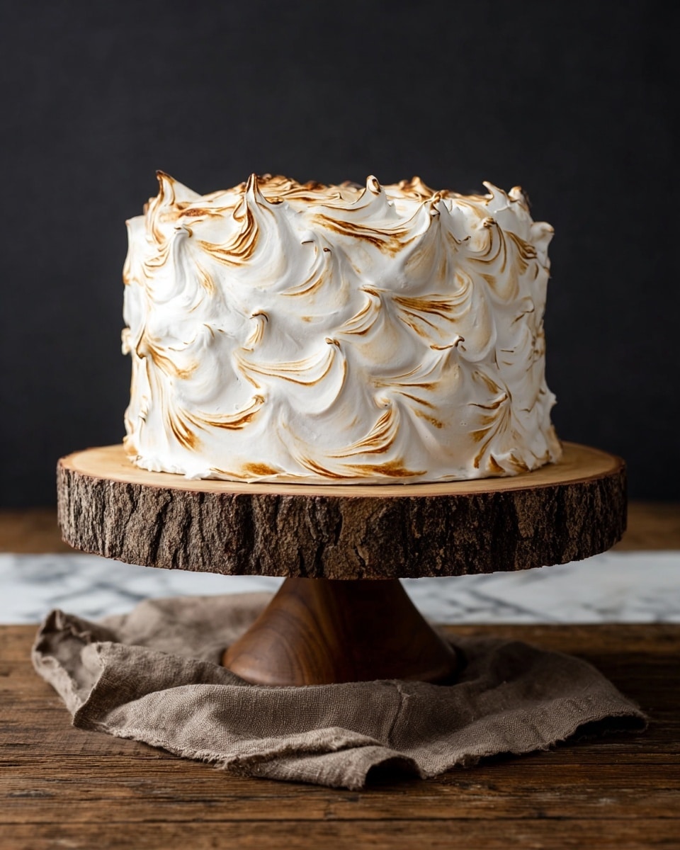 A tall round cake covered in thick, fluffy white meringue swirled with caramel-brown toasted spots, creating a textured and wavy surface all around. It stands on a rustic wooden tree-slice cake stand that shows natural bark along the edges, placed on a crumpled brown cloth. The background is a plain black color with a wooden surface beneath the cloth replaced by a white marbled texture. Photo taken with an iphone --ar 4:5 --v 7
