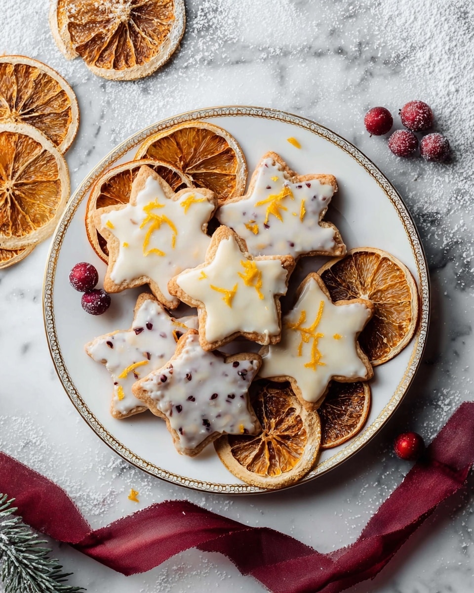 A white plate with gold trim holds star-shaped cookies, some with a light white icing topped with thin orange zest strips, and others plain with small dark spots. Underneath the cookies and around the plate are several dried orange slices with a textured, slightly brown look. Scattered around the plate are a few shiny red berries, and a dark red ribbon partially circles the bottom of the plate. The whole scene is set on a white marbled surface dusted lightly with powdered sugar. photo taken with an iphone --ar 4:5 --v 7