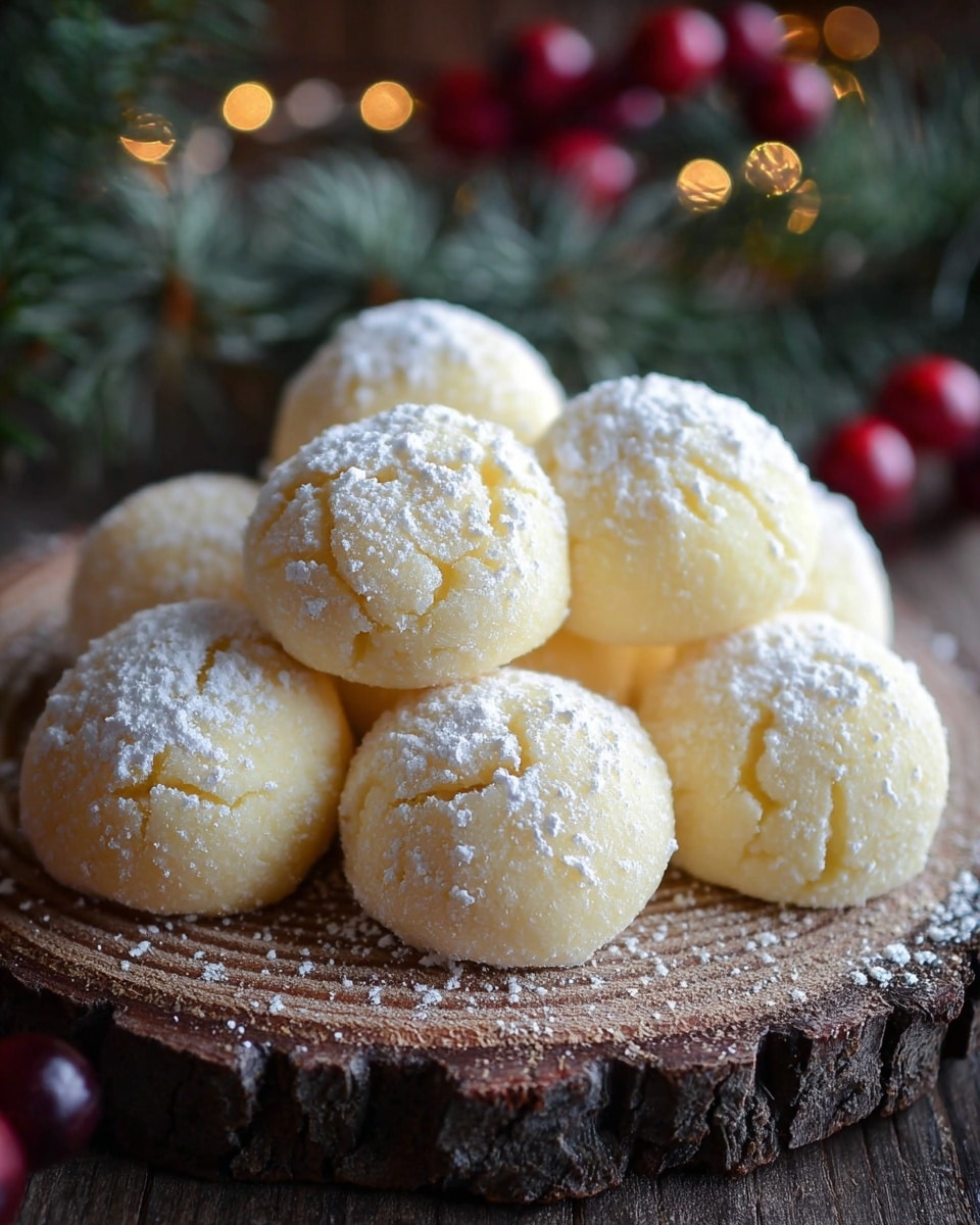 The image shows a close-up view of round cookies piled together on a white plate. Each cookie has two visible layers: a soft, pale yellow inner cake layer with a slightly cracked texture and an outer layer thickly covered in white powdered sugar, giving a snowy, fluffy look. The cookies appear fluffy and delicate, with the powdered sugar evenly dusted on top and sides, partially revealing the light cookie underneath. The background includes a blurred Christmas-themed decoration with green pine and a gold ornament, all placed on a white marbled surface. Photo taken with an iphone --ar 4:5 --v 7