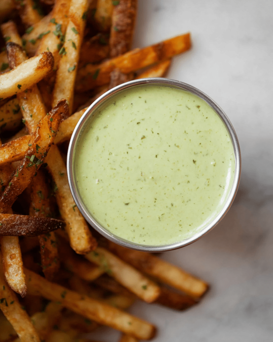 A close-up view of a white square plate on a white marbled surface, filled with golden-brown roasted potato fries that have a slightly crispy texture with darker edges scattered across the plate. In front, there is a small metal cup filled to the top with a thick, creamy light green sauce speckled with tiny green herbs. A woman's hand is holding one thick potato fry dipped halfway into the sauce, showing the sauce clinging smoothly to the fry. Photo taken with an iphone --ar 4:5 --v 7