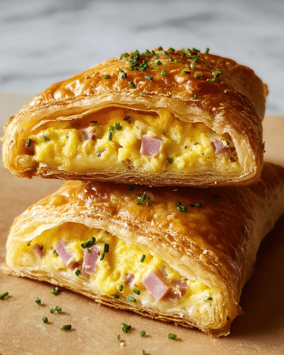 The image shows two rectangular puff pastries stacked on a wooden board placed on a white marbled texture. Each pastry has a golden brown, flaky crust with a slightly shiny surface, speckled with black pepper and small green herb bits. The top pastry is cut open to reveal a thick, creamy yellow scrambled egg filling mixed with small pieces of pink ham and some browned spots inside. The layers of the puff pastry are visible around the edges, showing a light, airy texture. photo taken with an iphone --ar 4:5 --v 7