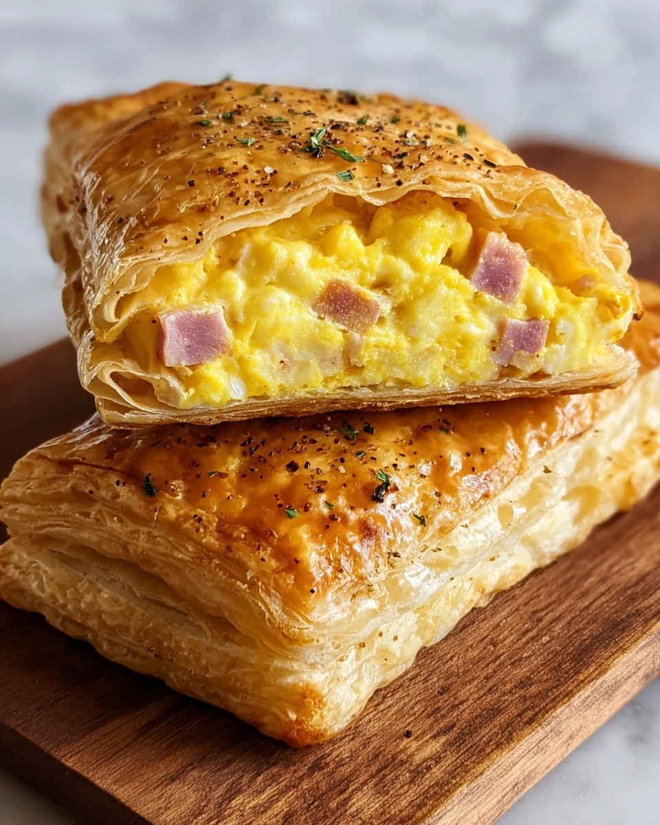 The image shows two folded puff pastry pockets stacked on each other, cut in half to reveal the filling inside. Each pocket has a golden-brown, shiny, and flaky outer layer with small chopped green herbs sprinkled on top. The inside has a creamy, slightly scrambled yellow egg layer mixed with small bits of pink ham. The pastries rest on a light tan parchment paper, with a white marbled texture visible in the blurred background. Photo taken with an iphone --ar 4:5 --v 7
