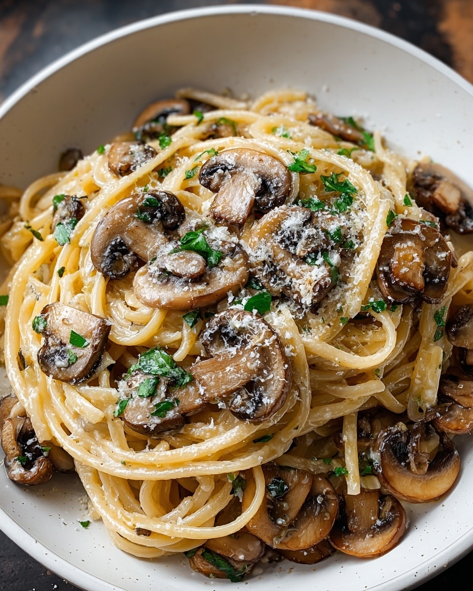 A close-up of creamy pasta served in a round white bowl with sautéed brown mushroom slices mixed evenly throughout; the pasta strands are light golden and coated in a glossy sauce, layered with green herb pieces scattered over the top and a light dusting of finely grated cheese adding white specks on the surface. The background is a white marbled texture. photo taken with an iphone --ar 4:5 --v 7