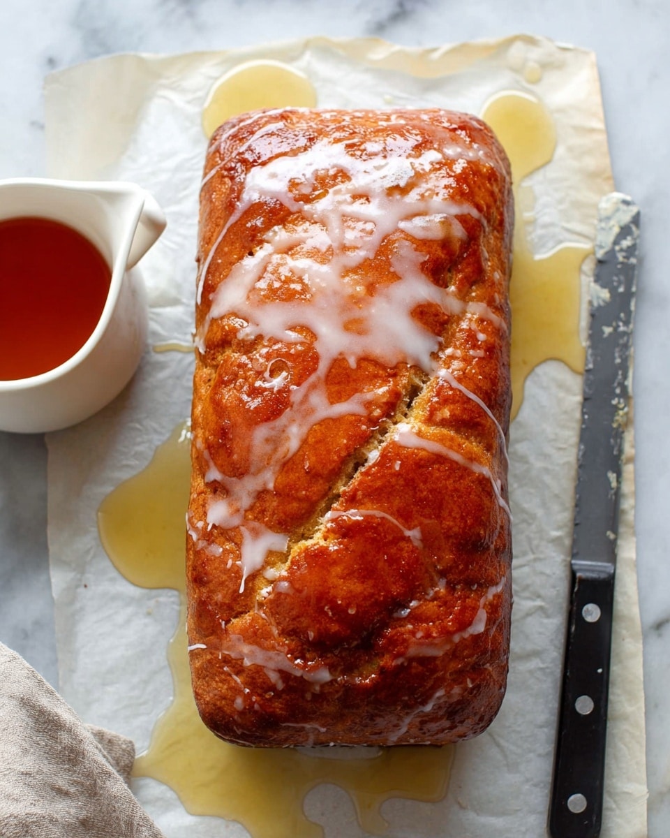 A rectangular loaf of bread sits on white parchment paper with a cracked top crust that is shiny and golden brown, covered by a thin layer of white glaze that drips down the sides and onto the paper below. To the left of the loaf, there is a white container filled with dark amber syrup. A serrated knife with a black handle rests beside the loaf on the white marbled surface. photo taken with an iphone --ar 4:5 --v 7