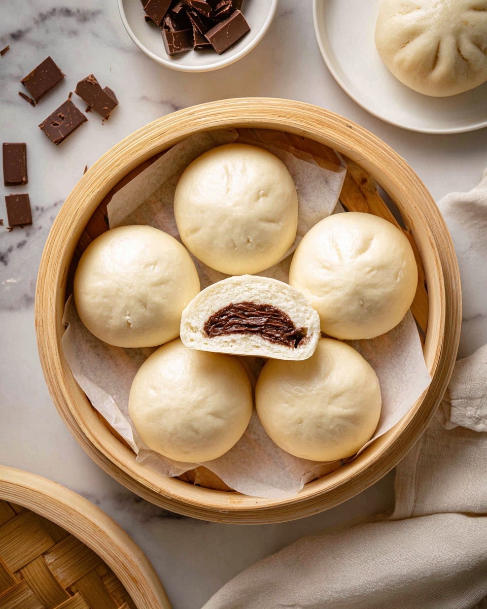 A round bamboo steamer basket holds five smooth, pale beige steamed buns arranged in a circle on square pieces of parchment paper, with one bun cut open in the center showing a thick, dark chocolate filling inside soft, fluffy white dough. In the background, a small white bowl with dark chocolate pieces and a white plate with another whole bun sit on a white marbled surface, along with a light cloth. Photo taken with an iphone --ar 4:5 --v 7