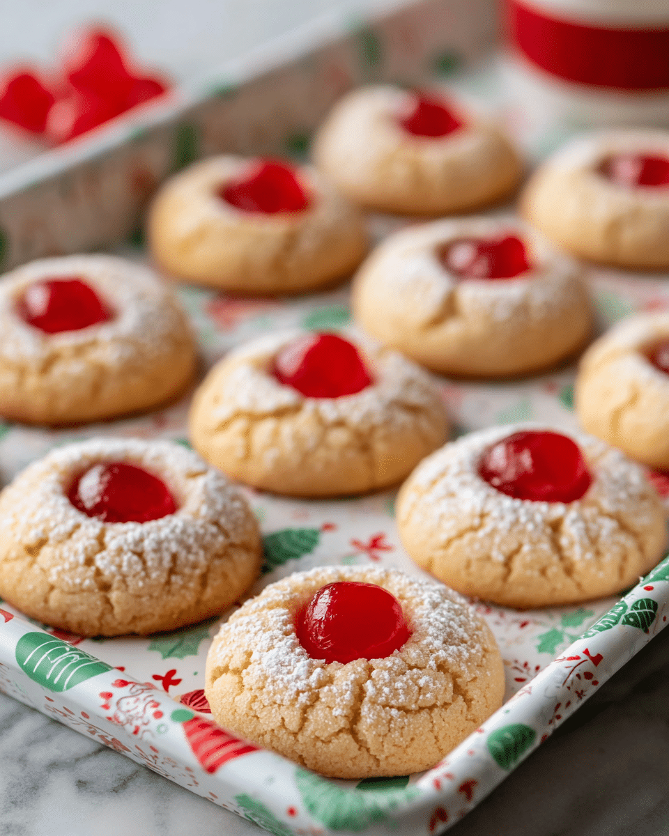 The image shows a tray of soft, round cookies, each with a golden-brown color and slightly cracked texture on top. There are two visible layers in each cookie: a thick, smooth cookie base that looks soft and crumbly, and a bright red, shiny cherry placed in the center on top of each cookie. Light dusting of white powdered sugar adds a slightly frosted look on the cookies' surface. The cookies are arranged closely in rows on a white tray with colorful holiday patterns, and the tray sits on a white marbled textured surface. photo taken with an iphone --ar 4:5 --v 7