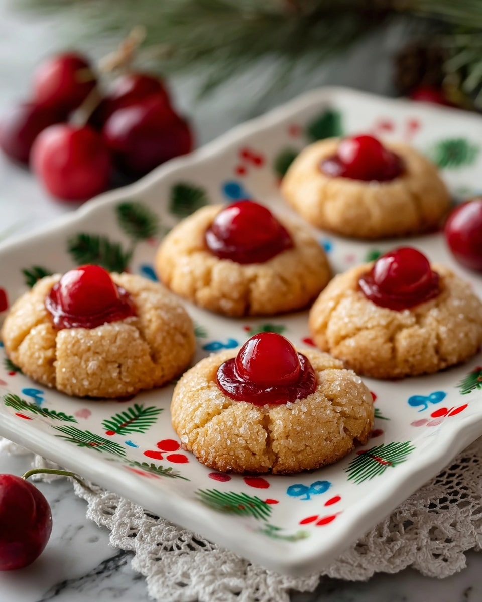The image shows five round cookies arranged on a white rectangular tray with a colorful holiday pattern of green pine branches, red berries, and blue leaves. Each cookie is golden brown with a soft, crumbly texture and a glossy, bright red cherry placed in the center on top. The tray is set on a white lace cloth and a white marbled surface in the background, with a few fresh cherries with stems blurred behind the tray. The focus is on the closest cookie, showing its rich texture and shiny cherry clearly. photo taken with an iphone --ar 4:5 --v 7