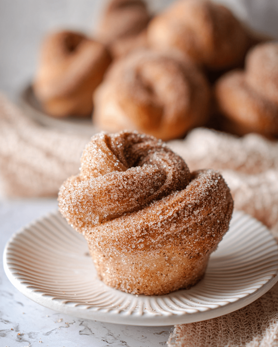 A close-up view of a single cinnamon sugar-coated twisted bun with a rough texture showing sugar crystals all over its spiral surface, placed in the center of a white ridged plate with a subtle ripple pattern. The bun has a golden brown color underneath the sugar layer. In the background, several similar buns are blurred, adding depth to the scene. The plate sits on a soft, light beige knitted cloth against a white marbled textured surface. photo taken with an iphone --ar 4:5 --v 7