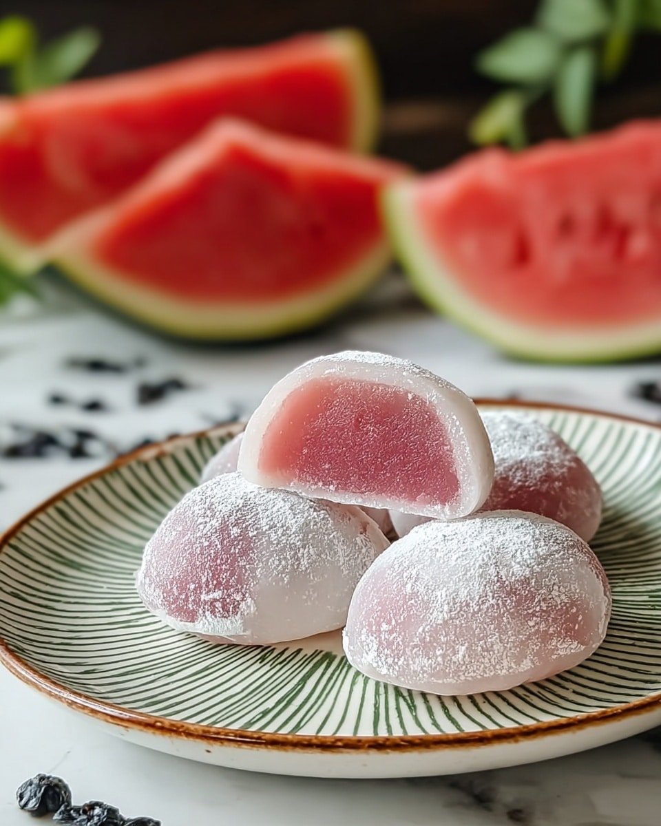 Four round mochi pieces sit on a white plate with green lines and a brown edge, placed on a white marbled texture. Each mochi has a soft translucent white outer layer dusted with white powder, showing a smooth, glossy pink inner layer. The mochi pieces are arranged so one is cut in half, exposing the pink center against the white outer layer. In the blurred background, two red watermelon slices with green rinds and black seeds rest. Photo taken with an iphone --ar 4:5 --v 7