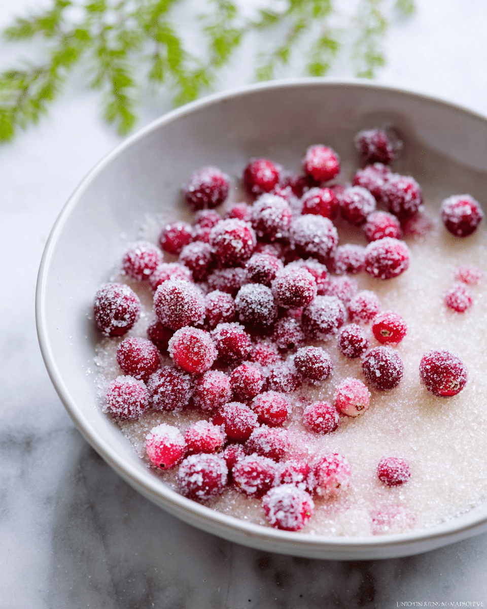 A round white bowl filled with a thin layer of white granulated sugar on the bottom, topped by a cluster of small red cranberries covered in a light coating of sugar crystals, giving them a frosted look, scattered mostly on one side and a few spread outward, all placed on a white marbled surface with some green blurred foliage in the background, photo taken with an iphone --ar 4:5 --v 7
