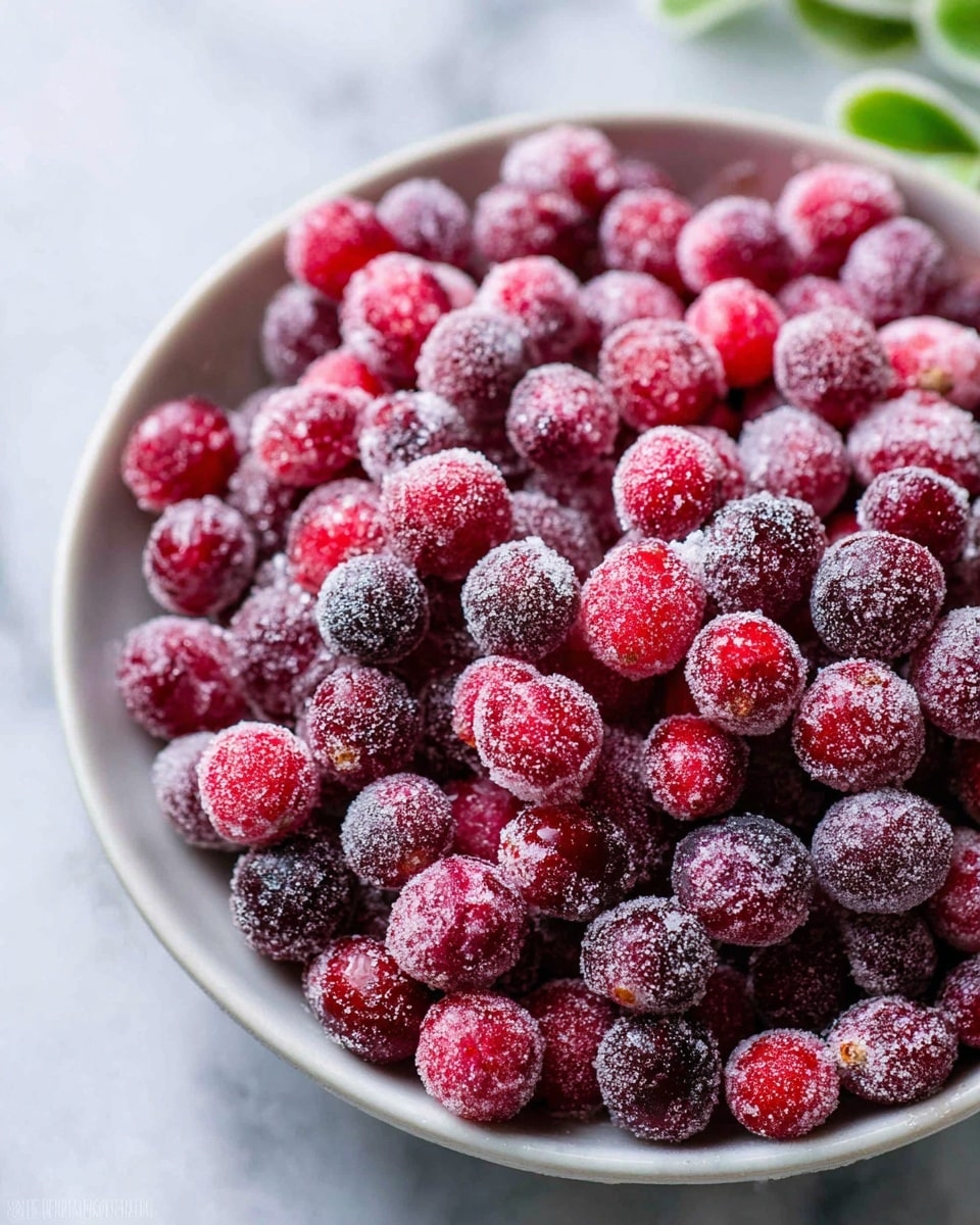 A close-up image of a bowl filled with many small, round red cranberries covered lightly with white sugar crystals, giving a frosted look. The bowl is white and sits on a white marbled surface. The cranberries’ colors range from bright red to deeper purplish-red, and the sugar adds a sparkling texture all over them. Some green leaves are slightly visible in the top right corner, adding a touch of fresh color. The light is soft, highlighting the sugar’s shine and making the cranberries look juicy and fresh. photo taken with an iphone --ar 4:5 --v 7