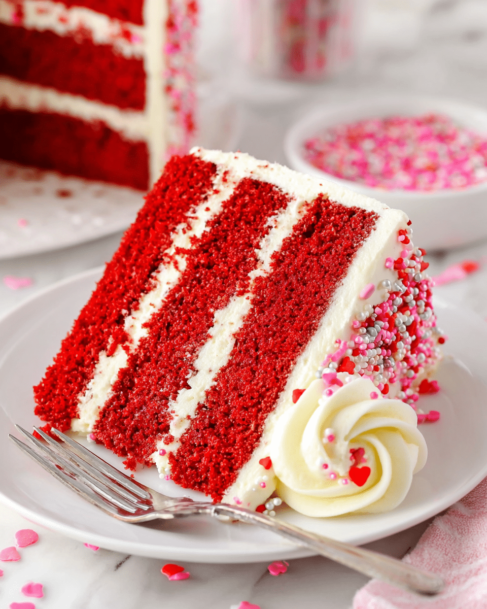 A three-layer red velvet cake slice is shown on a white plate. Each bright red layer has a soft, moist texture and is separated by thin white cream cheese frosting layers. The outside of the slice is coated with smooth white frosting that is decorated with small pink, red, and silver sprinkles. There is a rosette of the same white frosting on the side, also sprinkled with colorful decorations. A silver fork lies next to the cake on the plate. The background shows a white marbled surface with some sprinkles scattered around, and a bowl filled with more pink and white sprinkles. Photo taken with an iphone --ar 4:5 --v 7