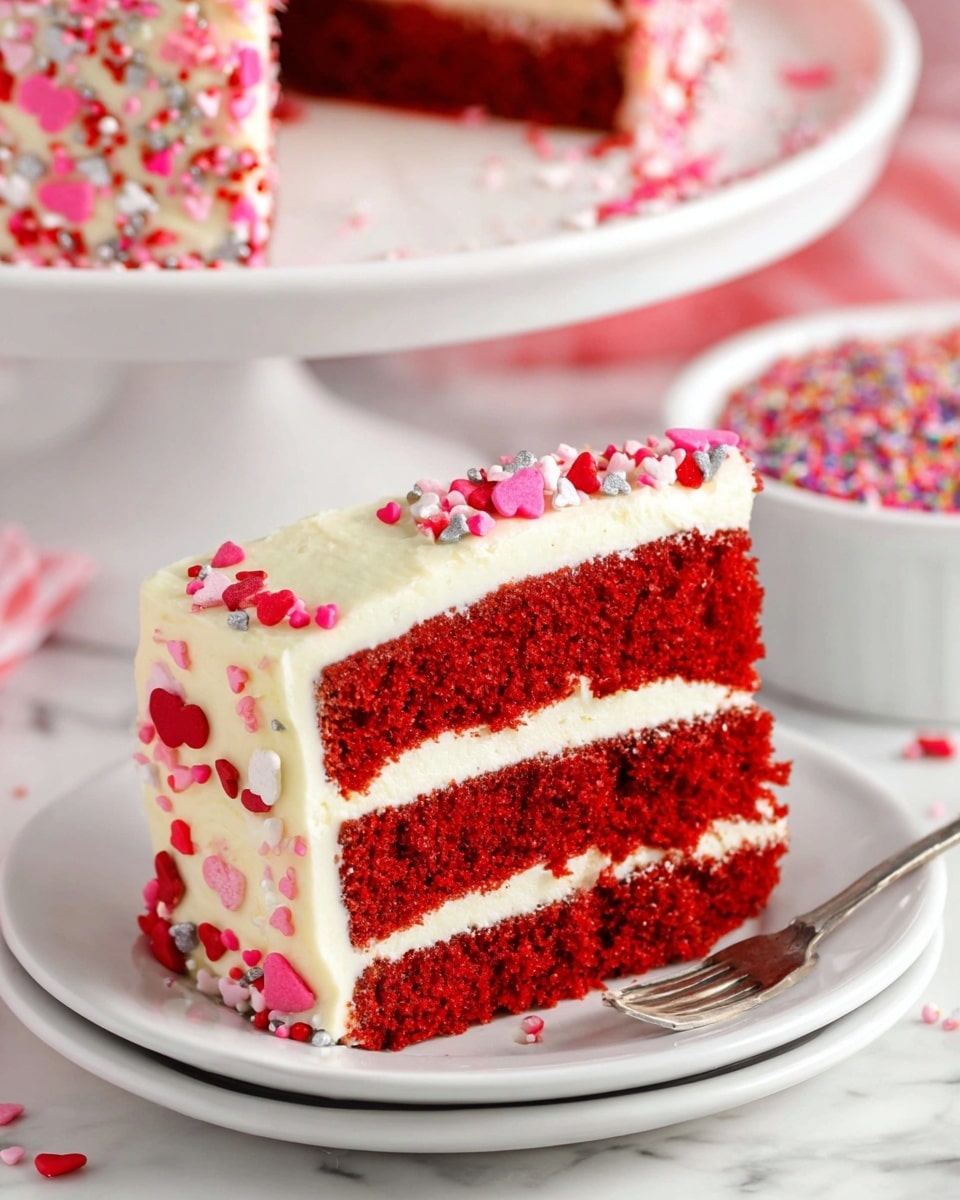 A slice of red velvet cake with three thick, bright red layers separated by smooth white cream cheese frosting is placed on a white plate. The outside of the cake is covered with the same creamy white frosting, decorated with small pink, red, and silver heart-shaped sprinkles around the edges. There are some loose sprinkles scattered on the white marbled surface near the plate. In the background, a white cake stand holds the full cake decorated with matching sprinkles, and part of a bowl with more colorful sprinkles is also visible. Photo taken with an iphone --ar 4:5 --v 7