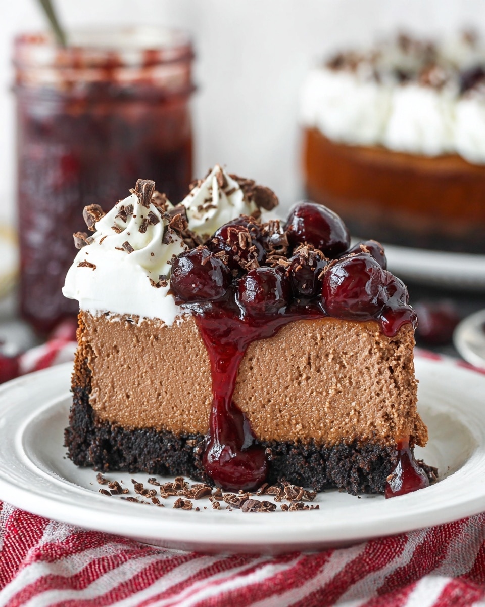A slice of chocolate cheesecake with a dark chocolate crumb crust at the bottom, topped by a thick, creamy chocolate cheesecake layer. On top of this is a generous layer of glossy, dark red cherry sauce with whole cherries, some of the sauce dripping down the side. The cheesecake is finished with a ring of white whipped cream around the edge, sprinkled with small pieces of dark chocolate shavings. The slice sits on a white plate resting on a red and white striped cloth, with a blurred background showing a jar of cherry topping and another cheesecake. Photo taken with an iphone --ar 4:5 --v 7