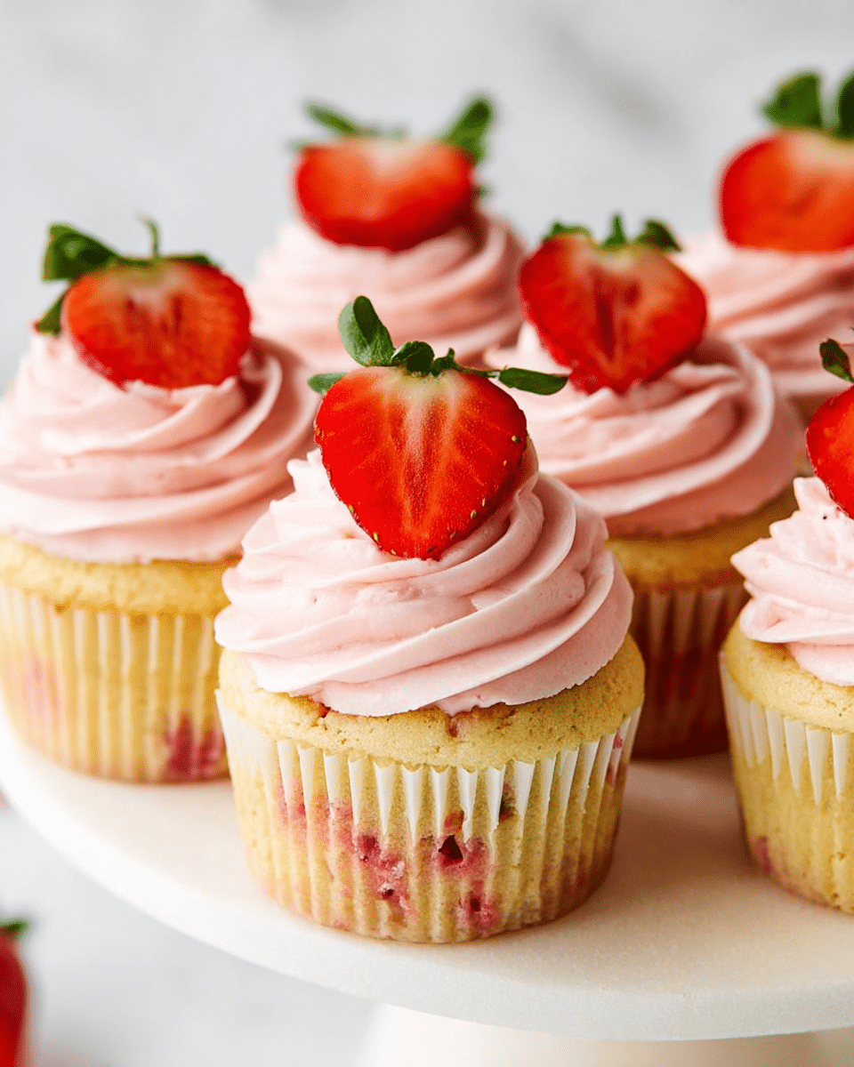 This image shows several yellow cupcakes with small red fruit pieces baked inside, each topped with a thick swirl of smooth, light pink frosting that has a creamy texture. On top of the frosting sits a fresh red strawberry half, with green leaves still attached, placed slightly tilted. The cupcakes are arranged closely together on a white round stand, all set against a white marbled texture background. photo taken with an iphone --ar 4:5 --v 7