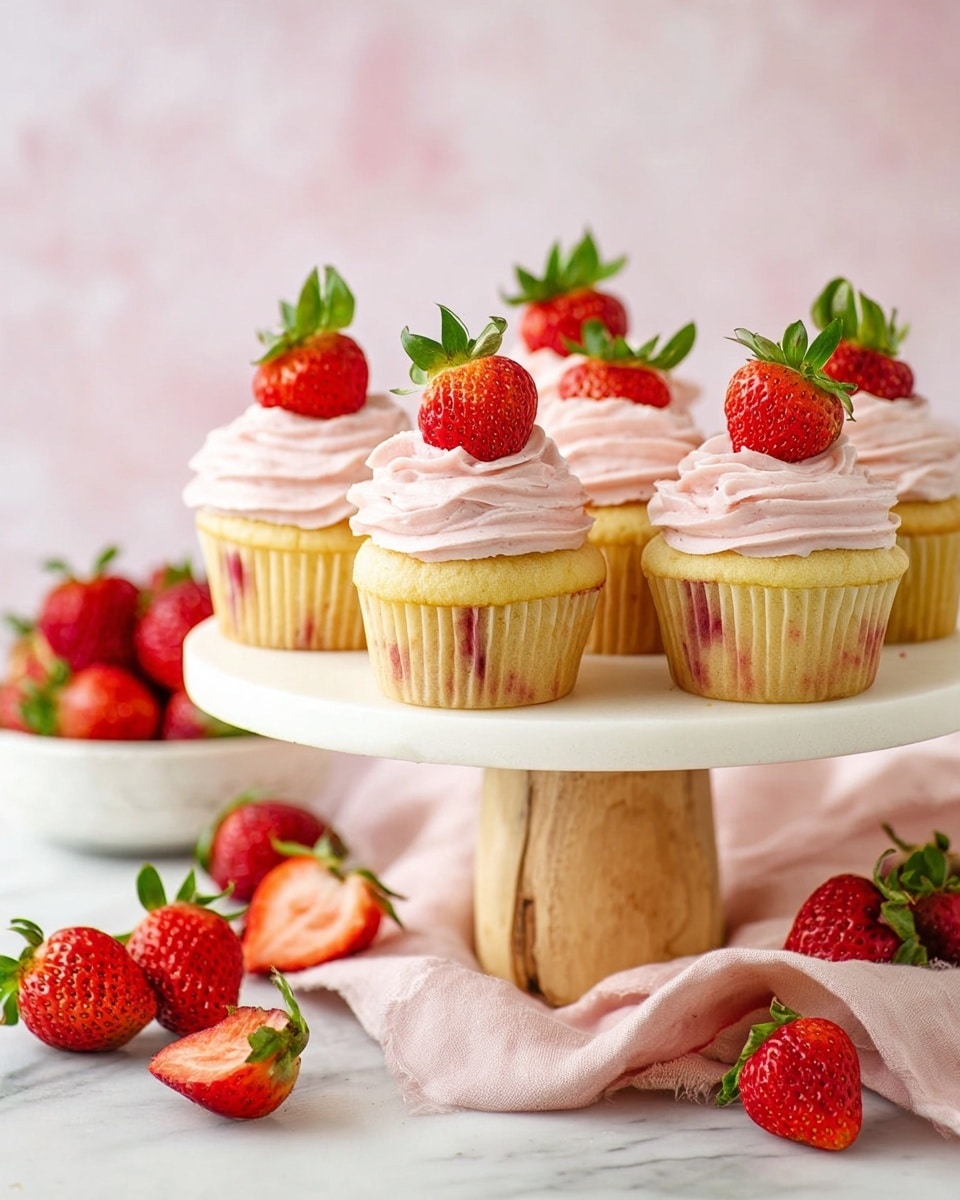 A group of vanilla cupcakes with pale yellow bases showing faint red streaks sit on a white cake stand with a natural wood stand. Each cupcake is topped with a swirl of smooth, pale pink frosting and crowned by a fresh half strawberry with green leaves. Around the cake stand, there are whole and halved bright red strawberries scattered on a soft, light pink cloth over a white marbled surface, with a small white bowl filled with more strawberries in the background. photo taken with an iphone --ar 4:5 --v 7