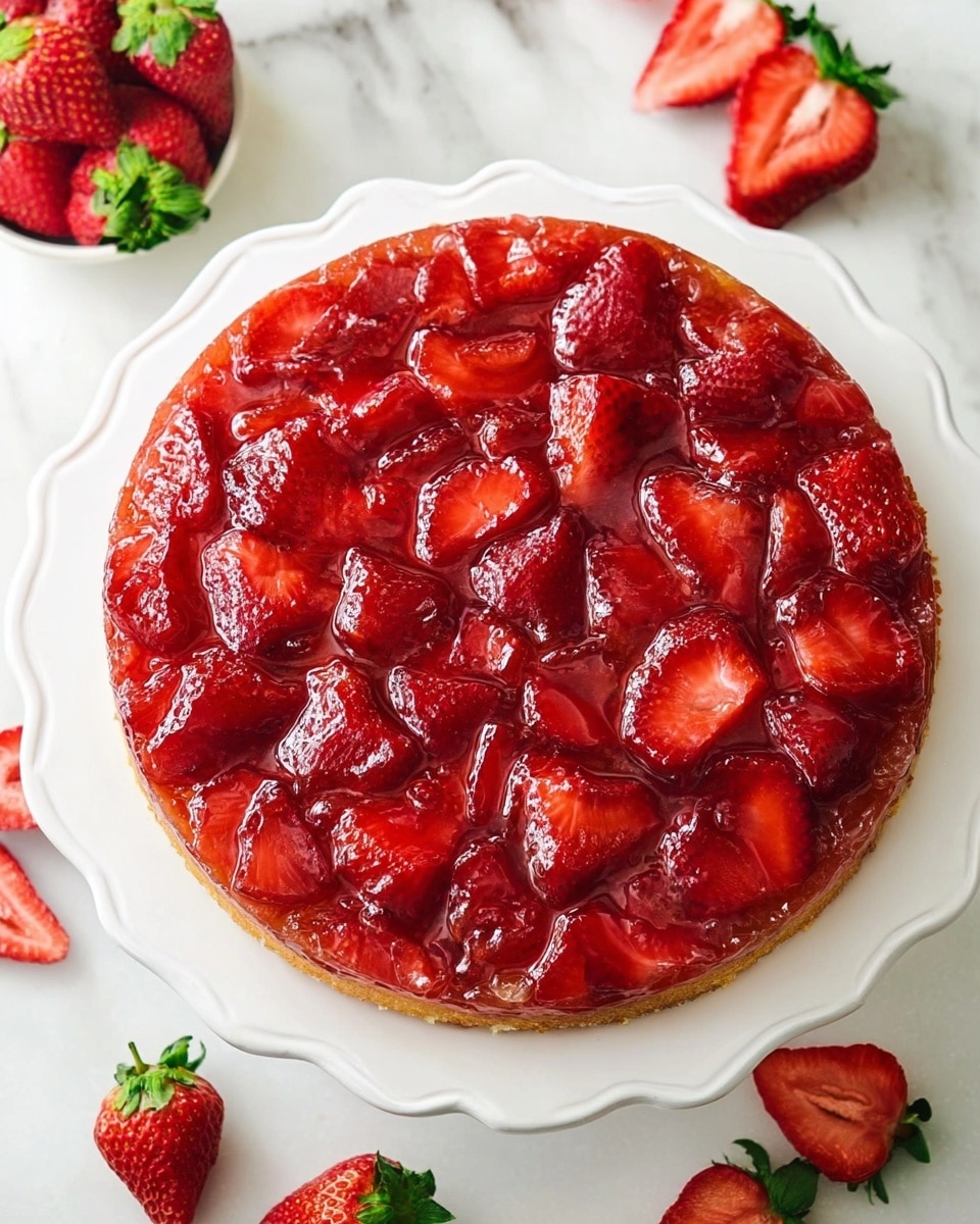 A round strawberry upside-down cake sits on a white scalloped plate, placed on a white marbled surface. The cake has two visible layers: the top layer is a glossy, deep red strawberry topping made of halved and sliced strawberries placed closely together, covering the entire surface with a shiny glaze, while the bottom layer is a golden brown cake base that peeks out slightly from the edge. Around the plate, there are several fresh whole strawberries, some cut in half, adding a fresh touch to the scene. The overall look is vibrant with intense red and warm golden tones. Photo taken with an iphone --ar 4:5 --v 7