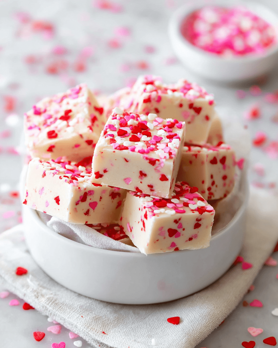 The image shows a white bowl filled with square pieces of creamy white fudge that have red, pink, and white heart-shaped sprinkles mixed inside and scattered thickly on top. The fudge squares are stacked in layers, with some pieces resting on a light-colored cloth inside the bowl. The background features a white marbled texture with more heart-shaped sprinkles scattered around. In the blurry background, there is a small white bowl also filled with red, pink, and white heart-shaped sprinkles. photo taken with an iphone --ar 4:5 --v 7