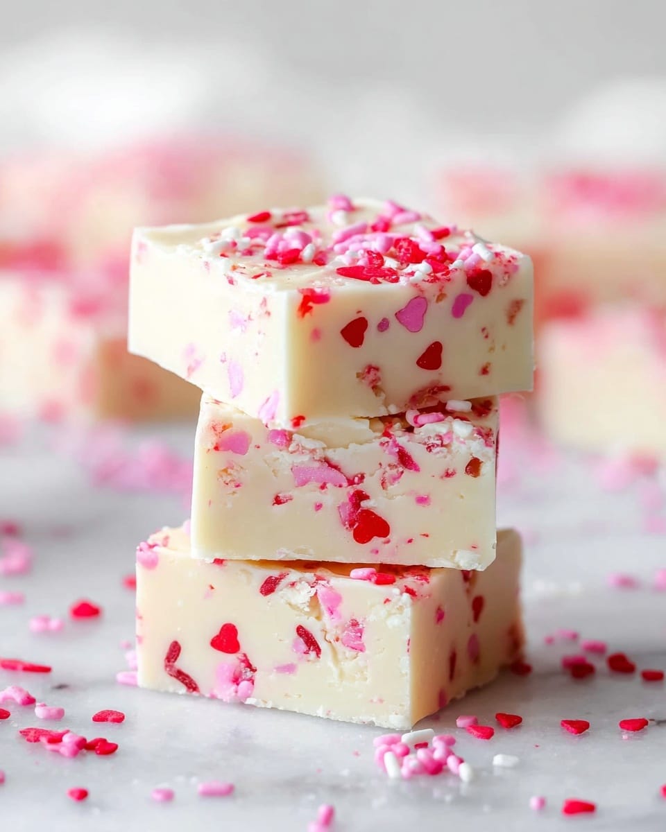 A close-up view of three square pieces of white fudge stacked on a white marbled surface. Each piece has two clear layers of creamy white fudge with red and pink heart-shaped sprinkles mixed throughout the fudge and scattered on top. The texture looks smooth and slightly soft with small bits of the sprinkles visible inside every layer. More sprinkles are scattered around the base on the surface. The background is softly blurred, showing more pieces in the distance. photo taken with an iphone --ar 4:5 --v 7