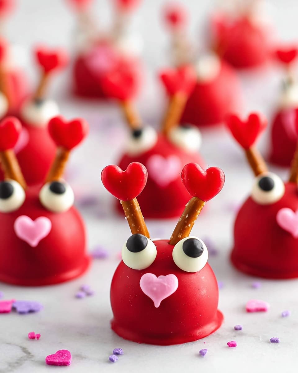 The image shows many small red sweets shaped like round balls as the base layer, each covered with smooth red coating. Each sweet has two white candy eyes with black dots placed near the top center. Sticking out from the top are two pretzel sticks decorated with small red heart shapes at the tips, giving the sweets an ant-like look. Just below the eyes, a small pink heart candy sits as a mouth. The sweets are arranged closely together on a white marbled surface, with scattered tiny purple and pink heart-shaped confetti around them. The focus is sharp on the middle sweet, with the others blurred in the background. photo taken with an iphone --ar 4:5 --v 7